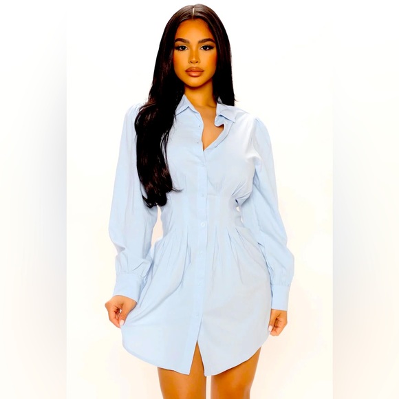 Fashion Nova NWT “Not Your Average Shirt Dress” Long sleeve Light blue button up - Picture 1 of 9